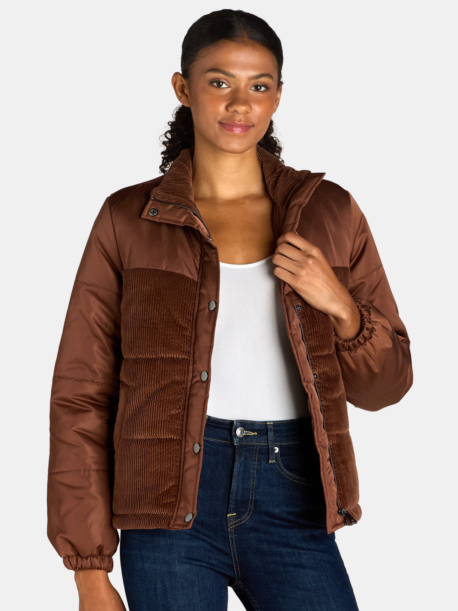 Time and Tru Women's and Women’s Plus Mixed Media Puffer Jacket, Sizes XS-3X
