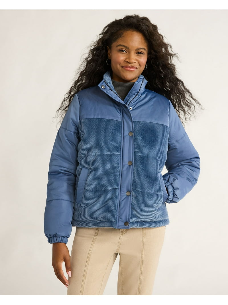 Time and Tru Women's and Women's Plus Mixed Media Puffer Jacket