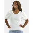 thumbnail image 1 of Time and Tru Women's Mixed Media Top with Puff Sleeves, Sizes XS-XXXL, 1 of 5