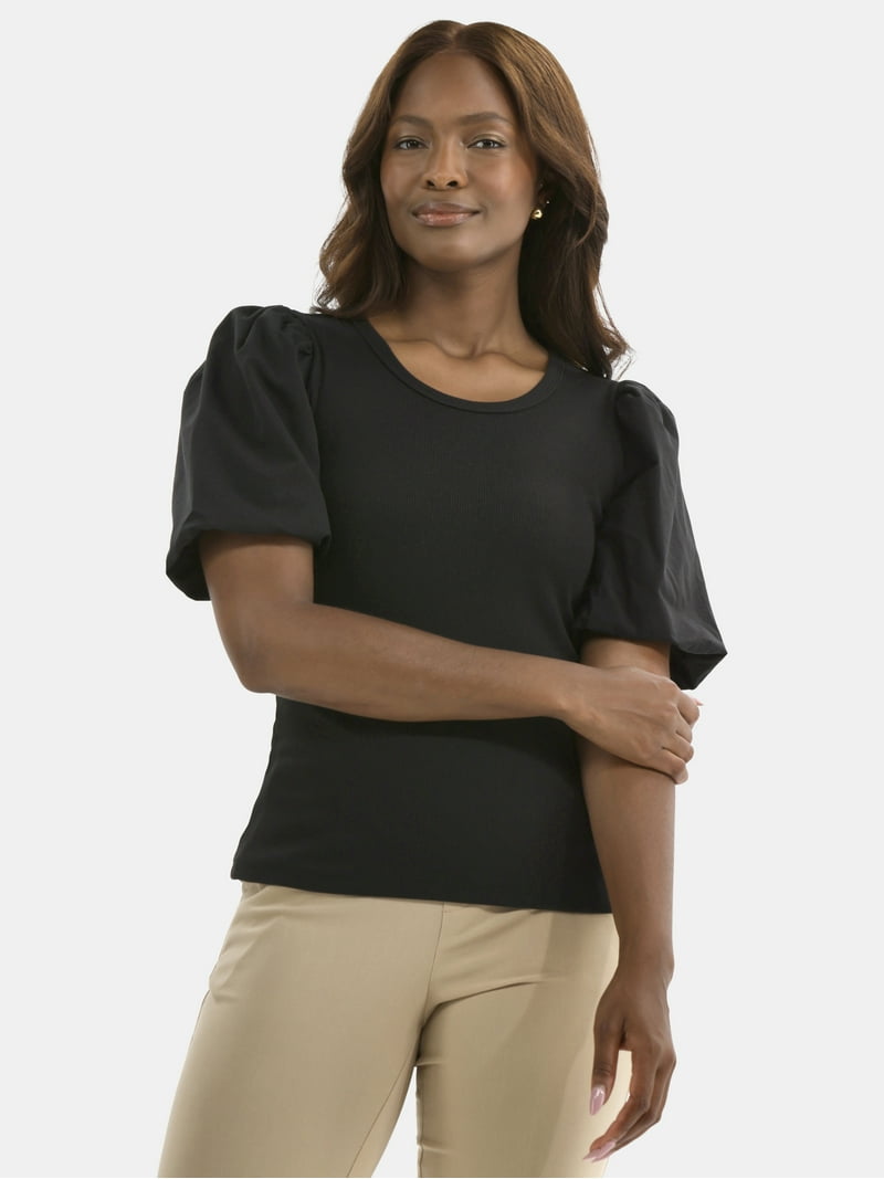 Time and Tru Women's Mixed Media Top with Puff Sleeves