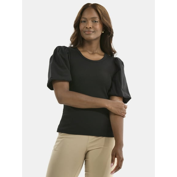 Time and Tru Women's Mixed Media Top with Puff Sleeves, Sizes XS-XXXL