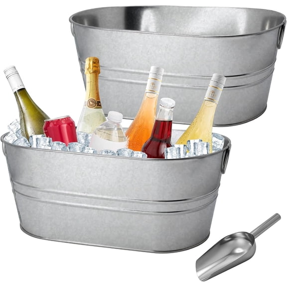 TT - Metal Ice Bucket, 4 Gallon Galvanized Portable Beverage Tub with Handles & Ice Scoop, Multipurpose Champagne Cocktail Storage Bucket for Bar Party, 2 Pack