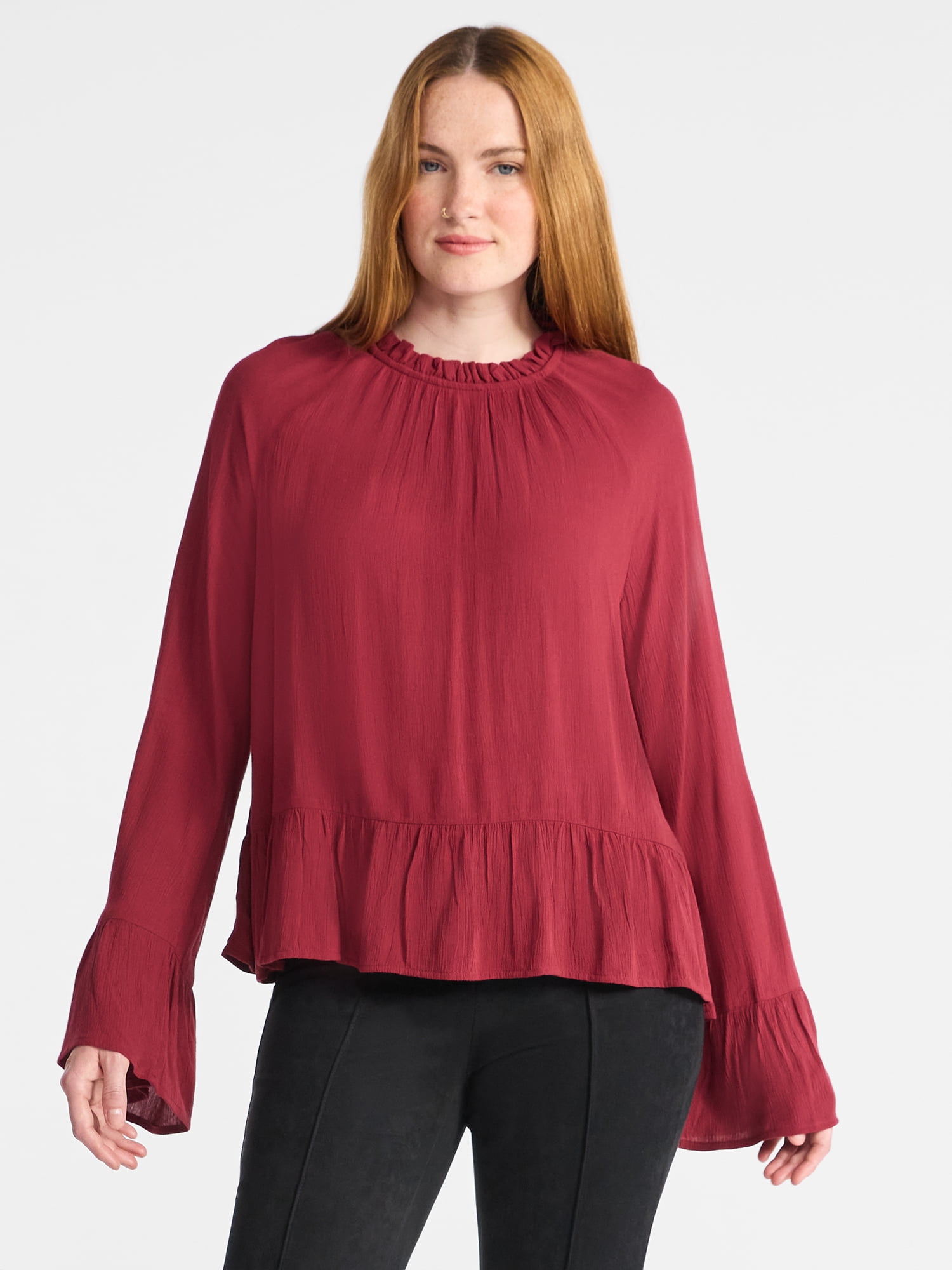 Time and Tru Women's Flowy High Neck Blouse, Size XS-XXXL