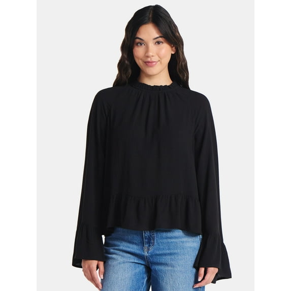 Time and Tru Women's Ruffle Neck Blouse with Long Bell Sleeves, Size XS-XXXL