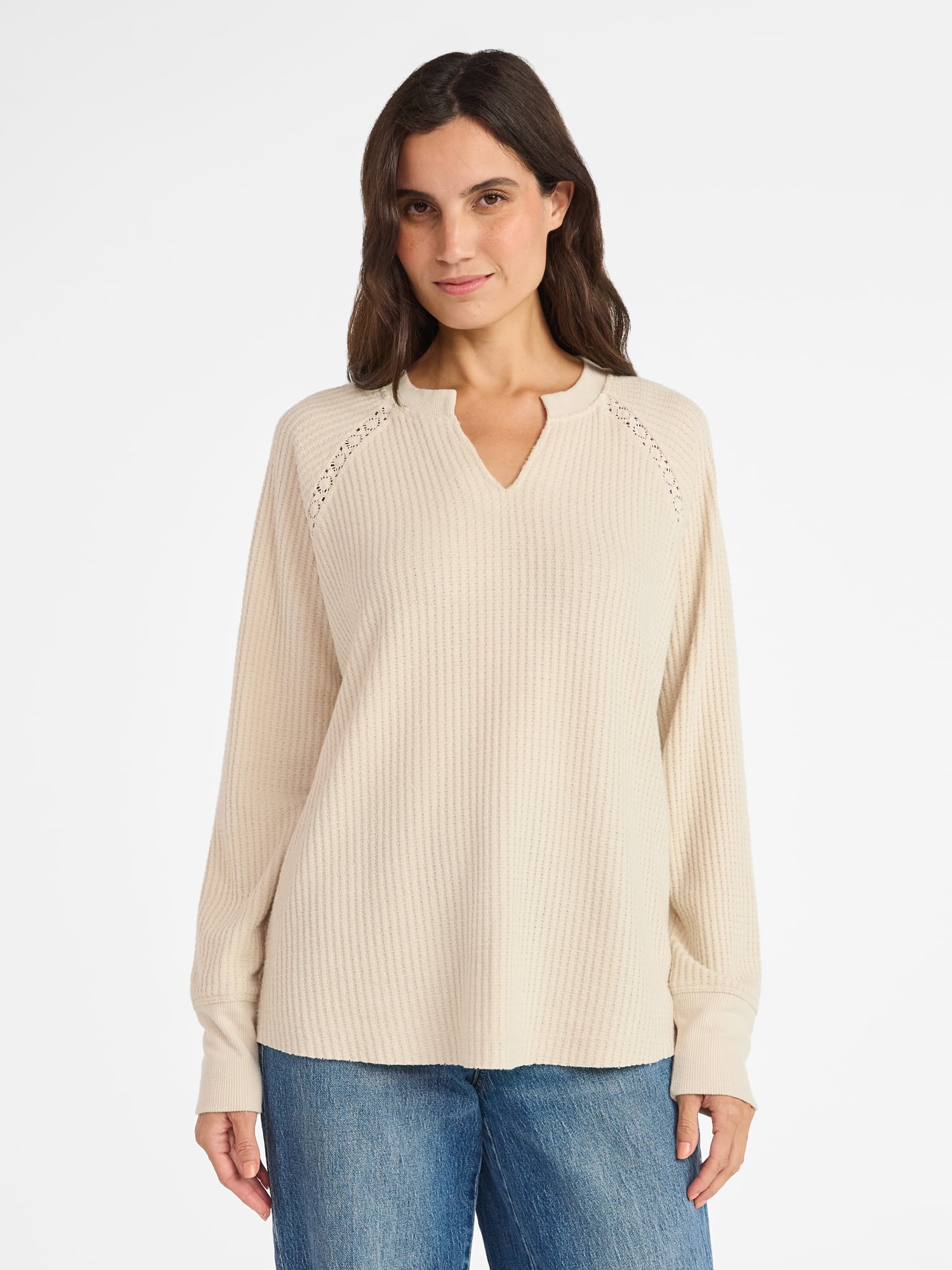 Time and Tru Women’s Notch Neck Waffle Top with Long Sleeves, Size XS ...