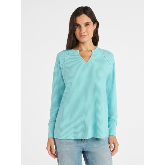 Time and Tru Women’s Notch Neck Waffle Top with Long Sleeves, Size XS-XXXL