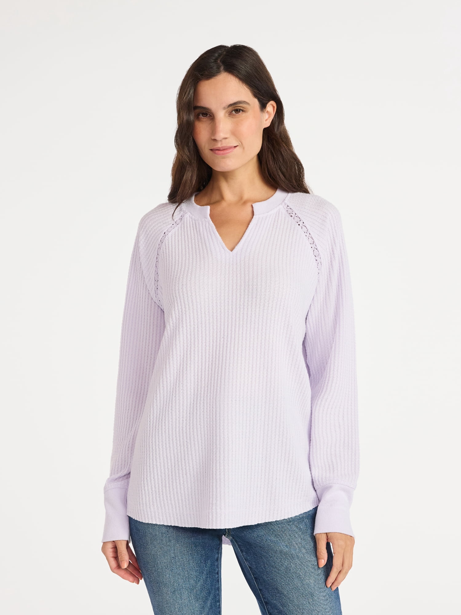 Time and Tru Women’s Notch Neck Waffle Top with Long Sleeves, Size XS-XXXL