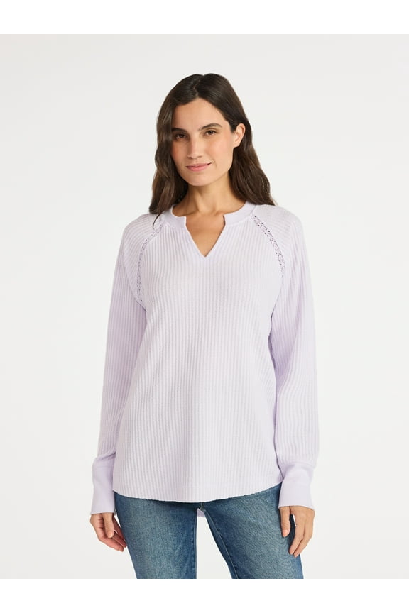 Women’s Notch Neck Waffle Top with Long Sleeves, Size XS-XXXL