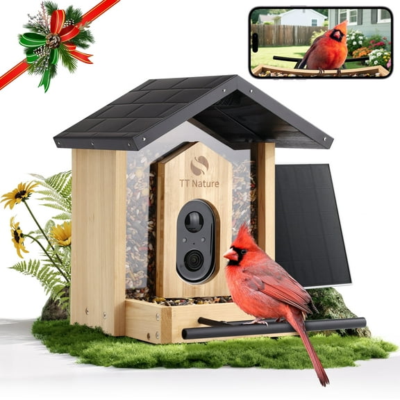 TT Nature Bird Feeder with Camera, AI Identify 10,000+ Species, Auto Capture, Real-Time Notifications, Upgraded for Bird Watching with Solar Panel, Perfect Gift for Bird Lovers