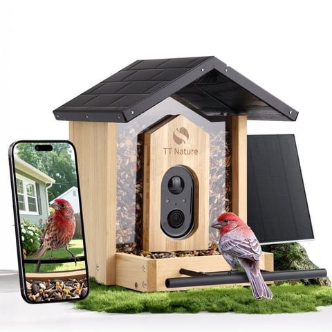 TT Nature Bird Feeder with Camera, AI Identify 10,000+ Species, Auto Capture, Real-Time Notifications, Upgraded for Bird Watching with Solar Panel, Perfect Gift for Bird Lovers