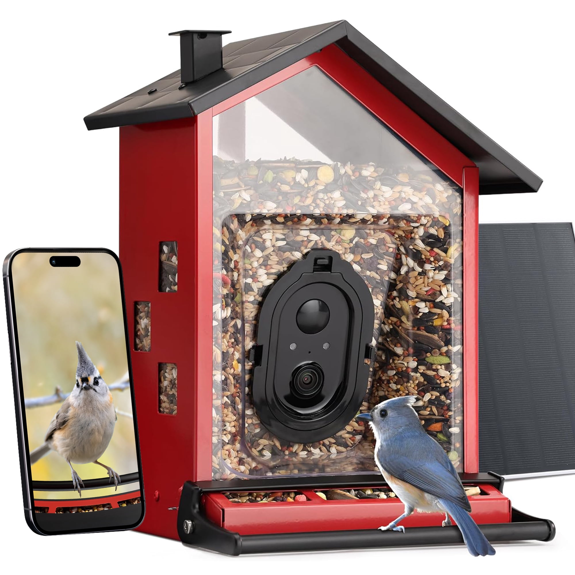 TT Nature Smart Bird Feeder with Camera, Solar Powered Squirrel Proof Outdoor Bird Watching, AI Species Identification, 3.2L, Red