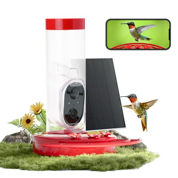 TT Nature Smart Hummingbird Feeder with Camera, Solar Powered, AI Bird Identification, Cloud Storage, Instant App Alerts, CCPA Compliant, Outdoor Hanging Feeder, 20 oz