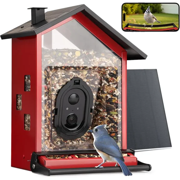 TT Nature Solar Bird Feeder Camera with AI Identification, Squirrel-Proof, Metal Case, 3.2L Large Capacity, Red