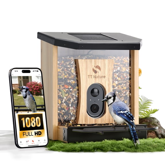 TT Nature Smart Bird Feeder with Camera Solar Powered, AI Identify 10000+ Birds, Weatherproof Cedar Wood, Ideal Gift for Bird Lovers