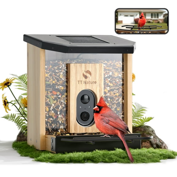 TT Nature Smart Bird Feeder with Camera Solar Powered, AI Identify 10000+ Birds, Weatherproof Cedar Wood, Ideal Gift for Bird Lovers