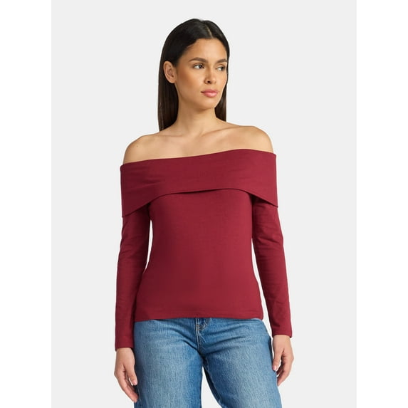 Time and Tru Women’s Fold Over Off Shoulder Top with Long Sleeves, Sizes XS-XXXL