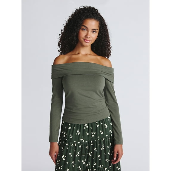 Time and Tru Women’s Fold Over Off Shoulder Top with Long Sleeves, Sizes XS-XXXL