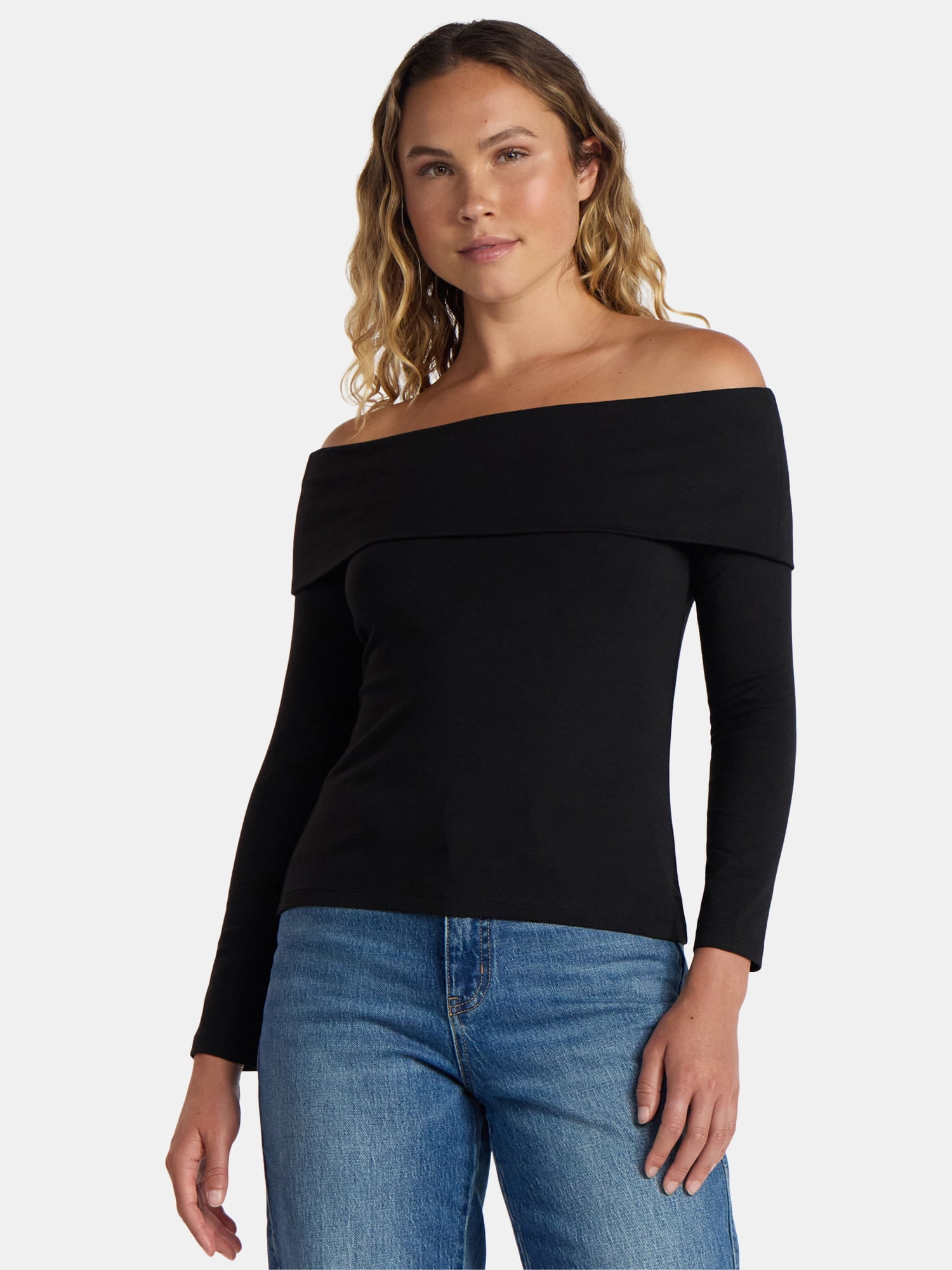 Time and Tru Women’s Fold Over Off Shoulder Top with Long Sleeves, Sizes XS-XXXL