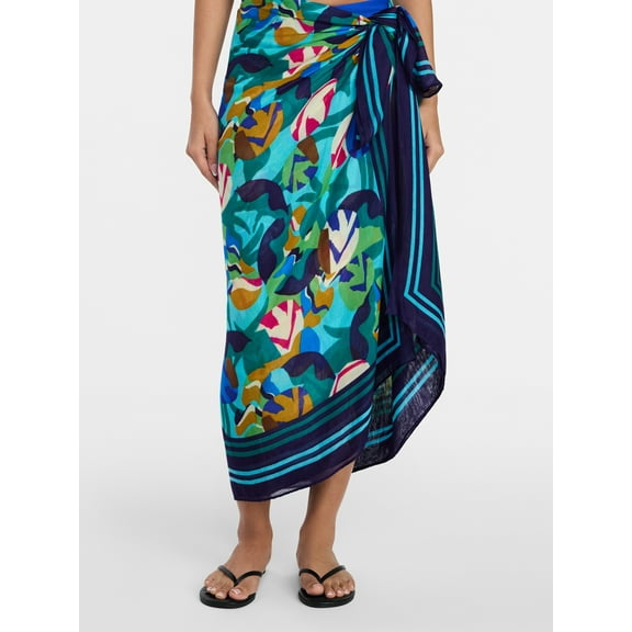 Time and Tru Women's Printed Pareo, One Size, Abstract Tropical Teal Moon