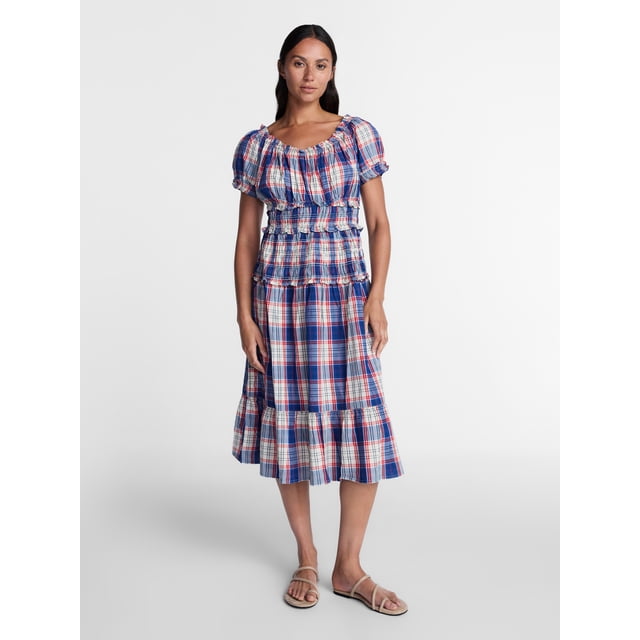 Time and Tru Women's Smocked Cotton Peasant Midi Dress, Sizes XS-XXXL