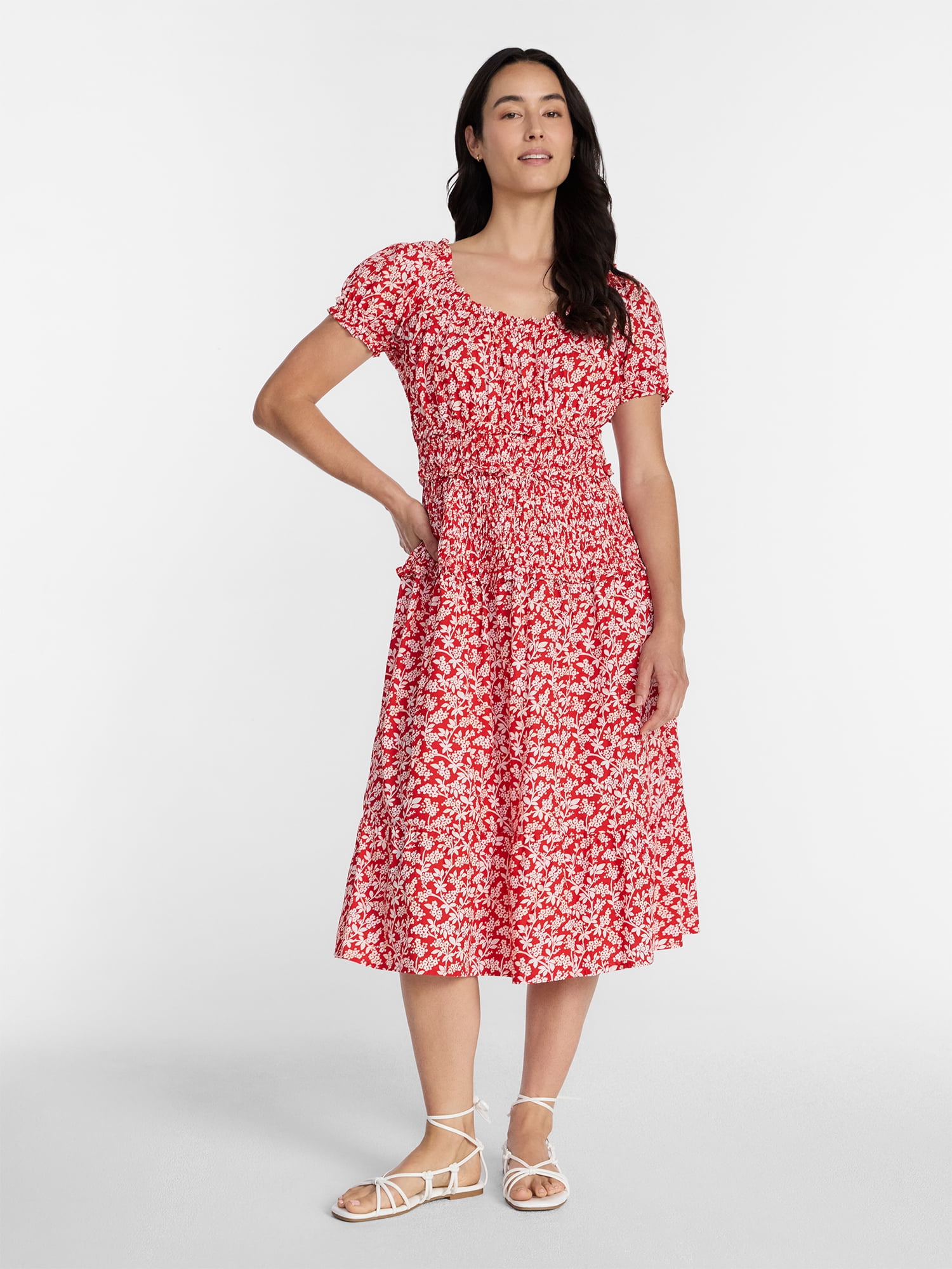 Time and Tru Women's Smocked Cotton Peasant Midi Dress, Sizes XS-XXXL