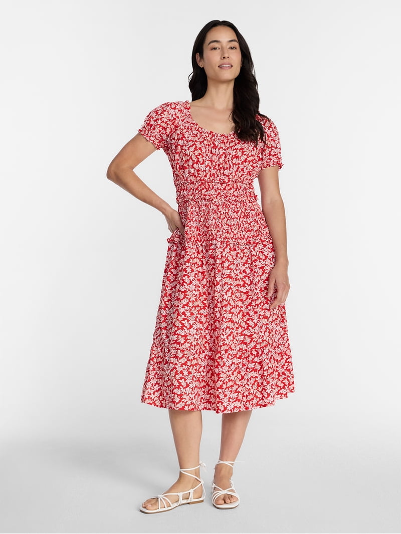Time and Tru Women's Smocked Cotton Peasant Midi Dress, Sizes Xs-xxxl Time and Tru Women's Smocked Cotton Peasant Midi Dress, Sizes Xs-xxxl