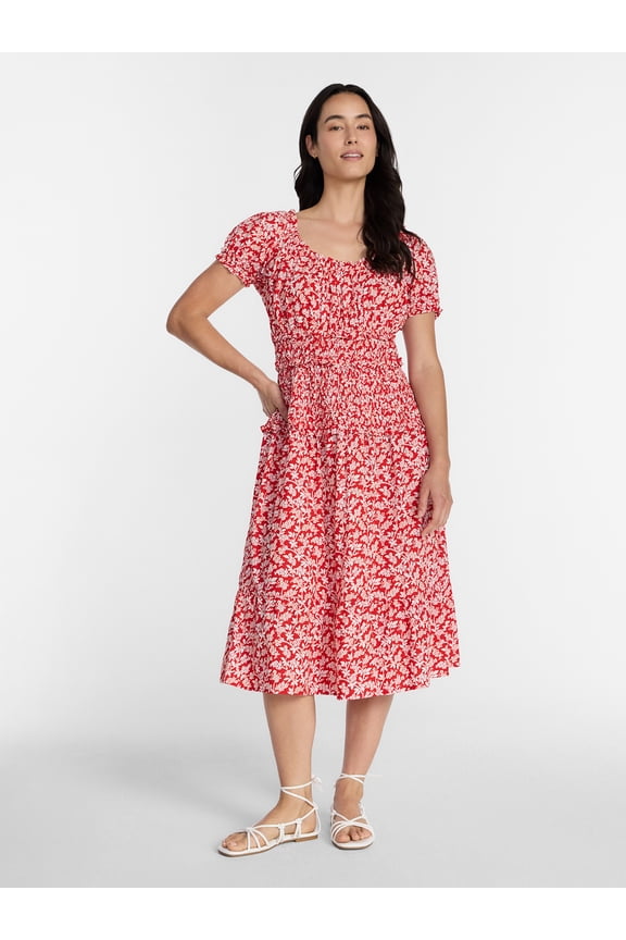 Women's Smocked Cotton Peasant Midi Dress, Sizes XS-XXXL