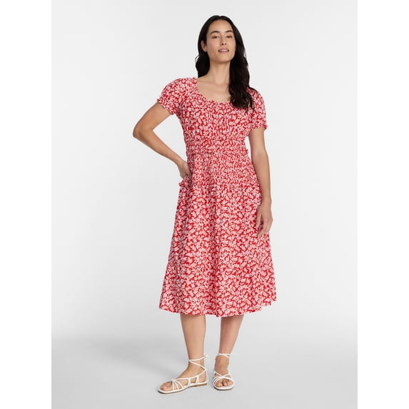 Time and Tru Women's Smocked Cotton Peasant Midi Dress, Sizes XS-XXXL