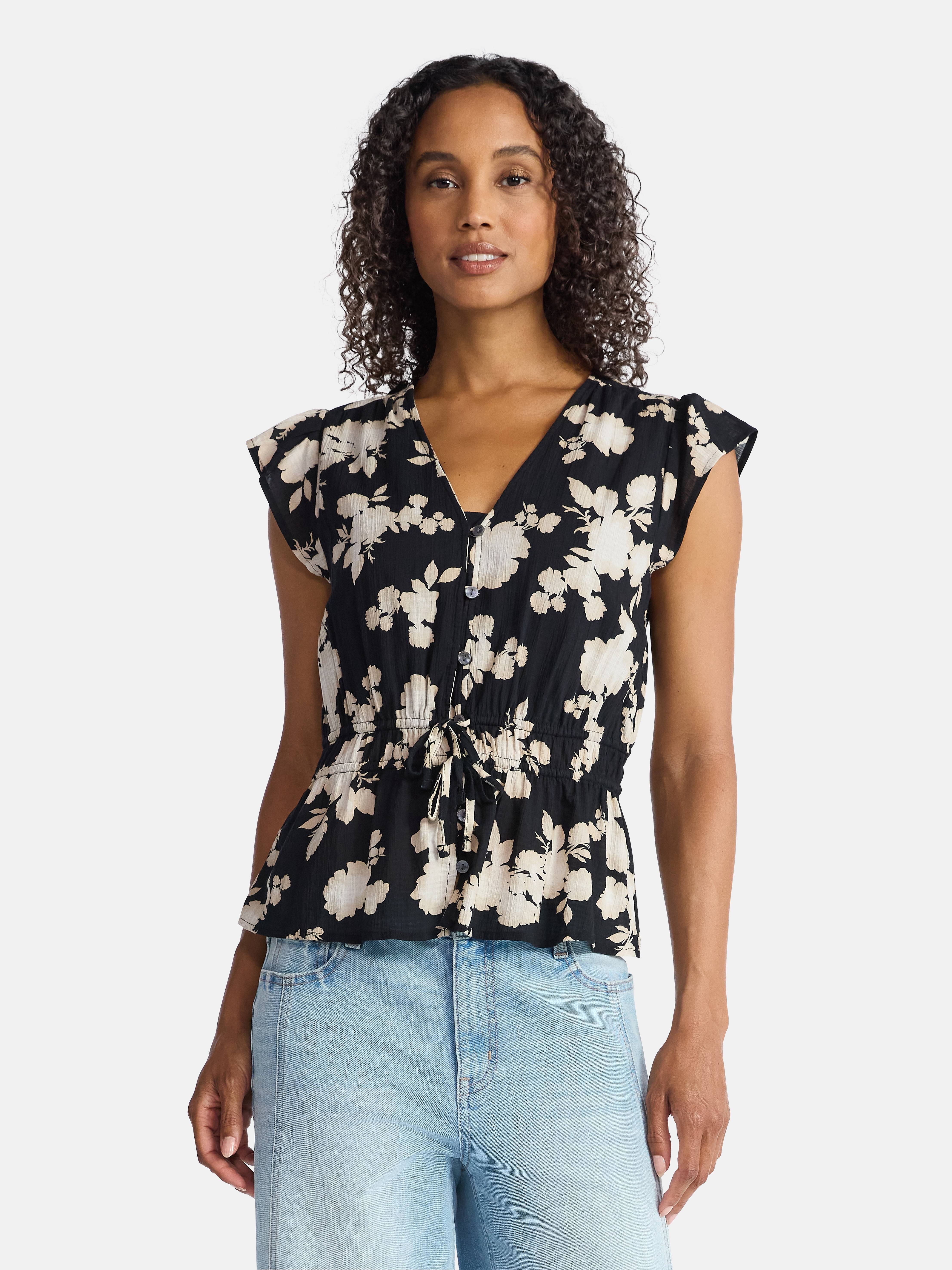 Time and Tru Women's Peplum Top with Flutter Sleeves, Sizes XS-XXXL
