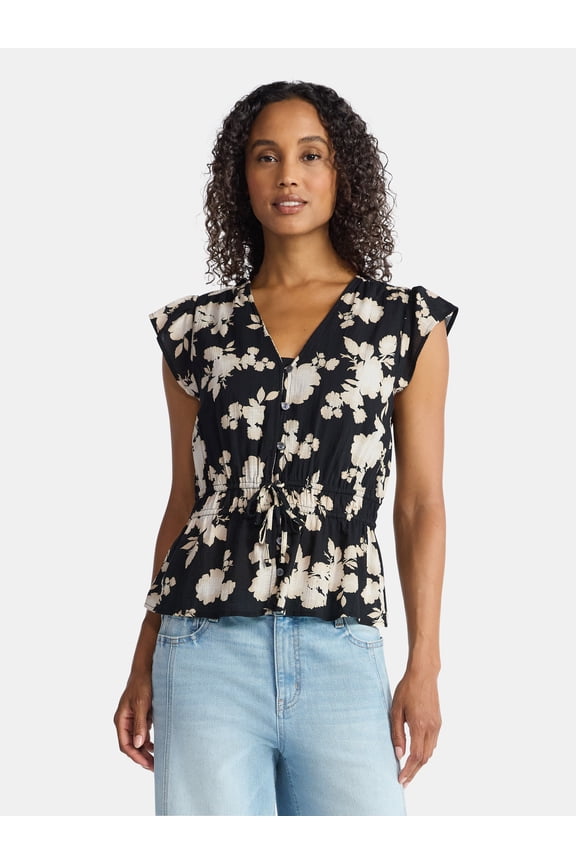 Women's Peplum Top with Flutter Sleeves, Sizes XS-XXXL