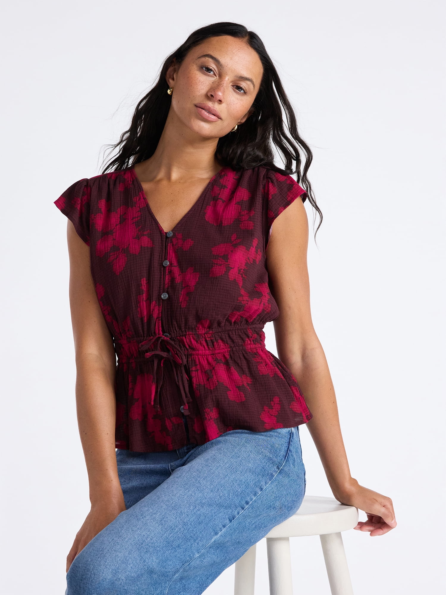 Time and Tru Women's Peplum Top with Flutter Sleeves, Sizes XS-XXXL