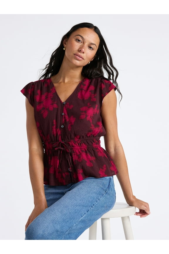 Women's Peplum Top with Flutter Sleeves, Sizes XS-XXXL