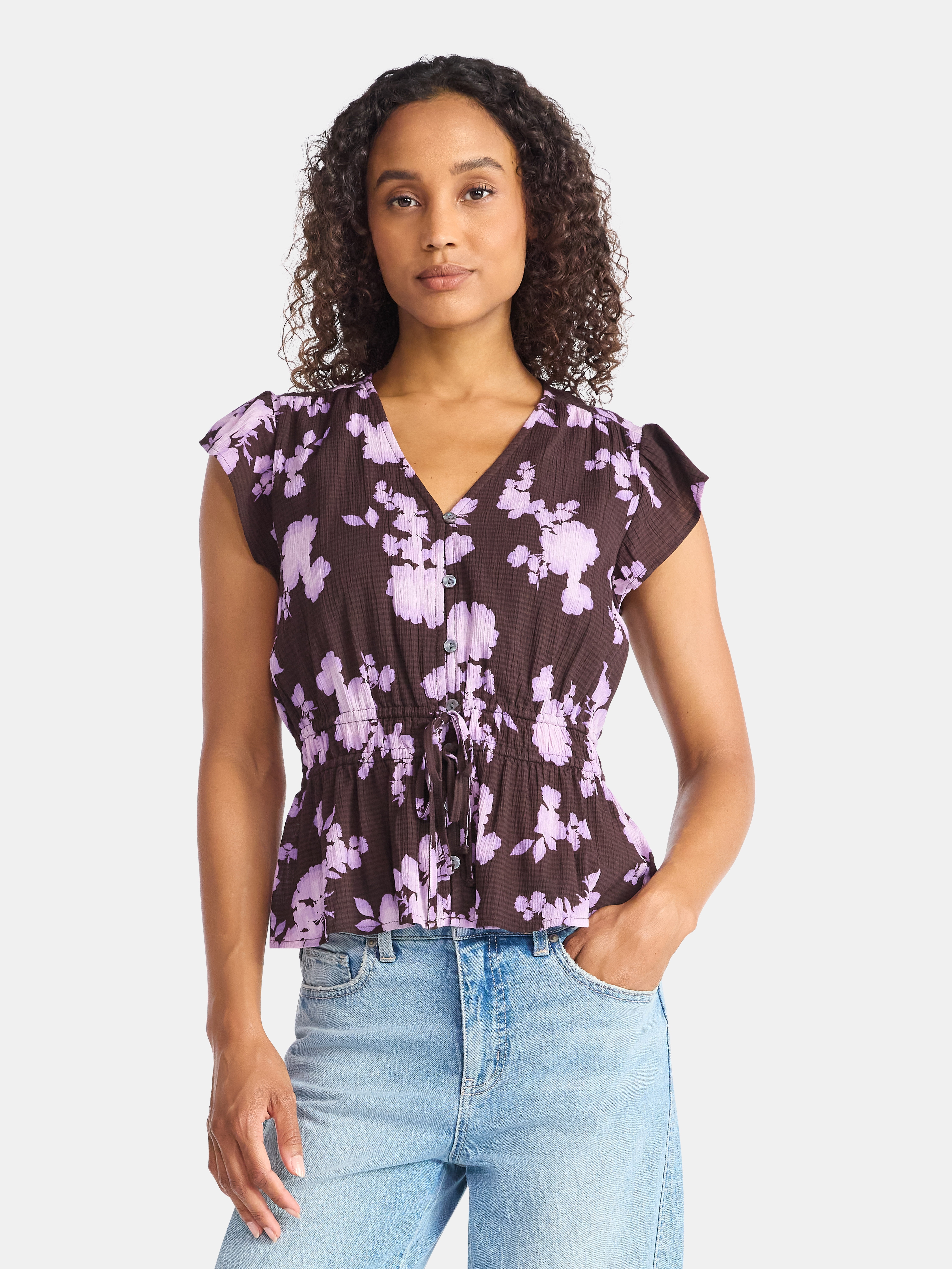 Time and Tru Women's Peplum Top with Flutter Sleeves, Sizes XS-XXXL