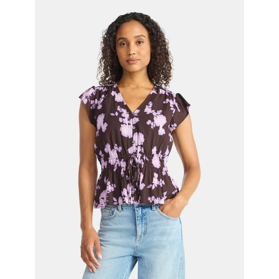 Time and Tru Women's Peplum Top with Flutter Sleeves, Sizes XS-XXXL