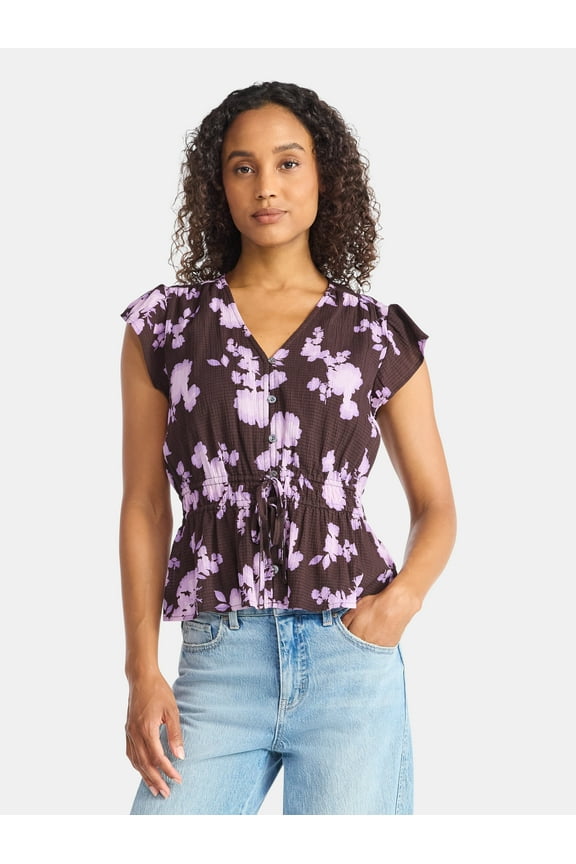 Women's Peplum Top with Flutter Sleeves, Sizes XS-XXXL