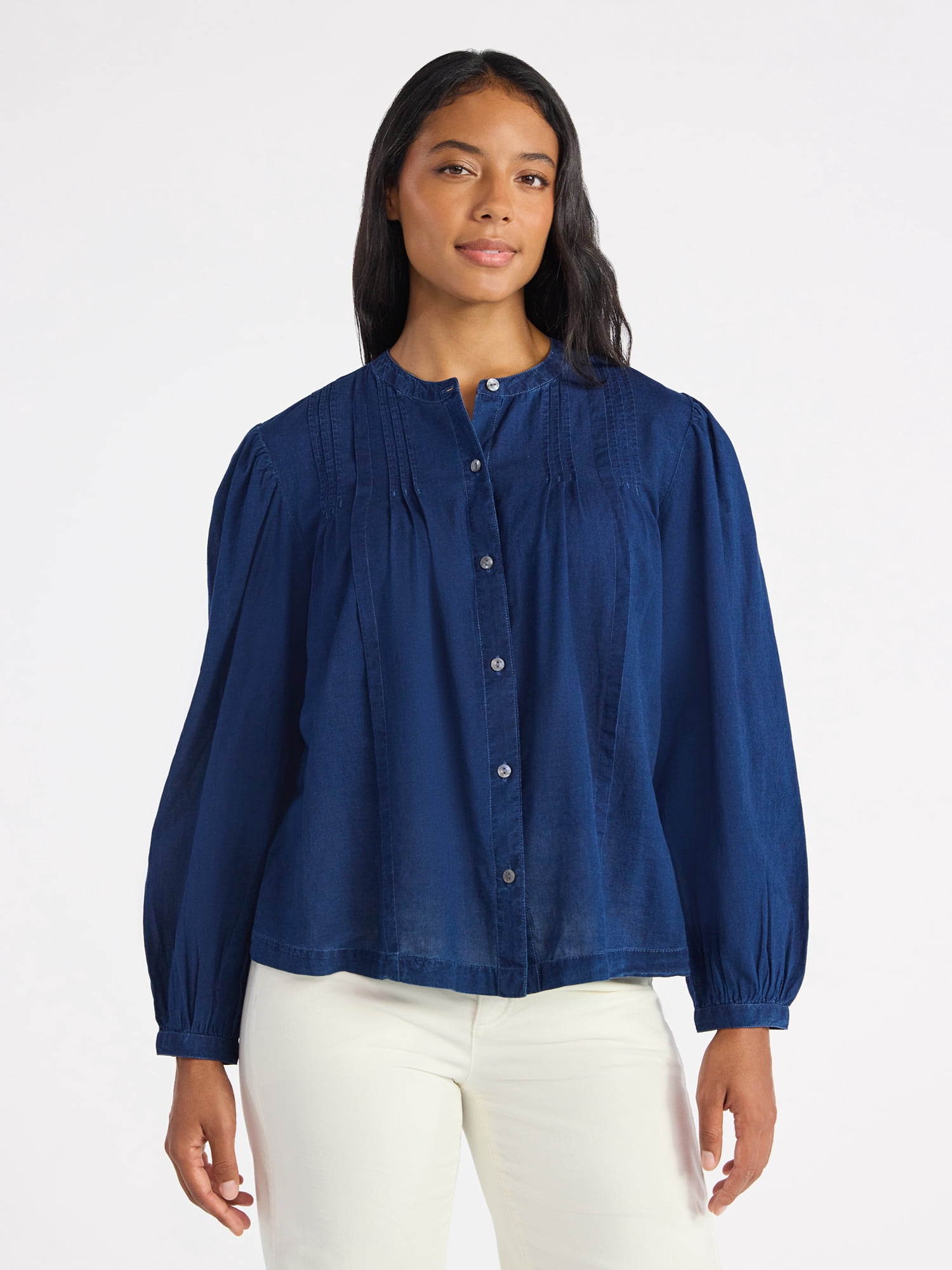 Time and Tru Women's Long Sleeve Pintuck Blouse, Sizes XS-XXXL