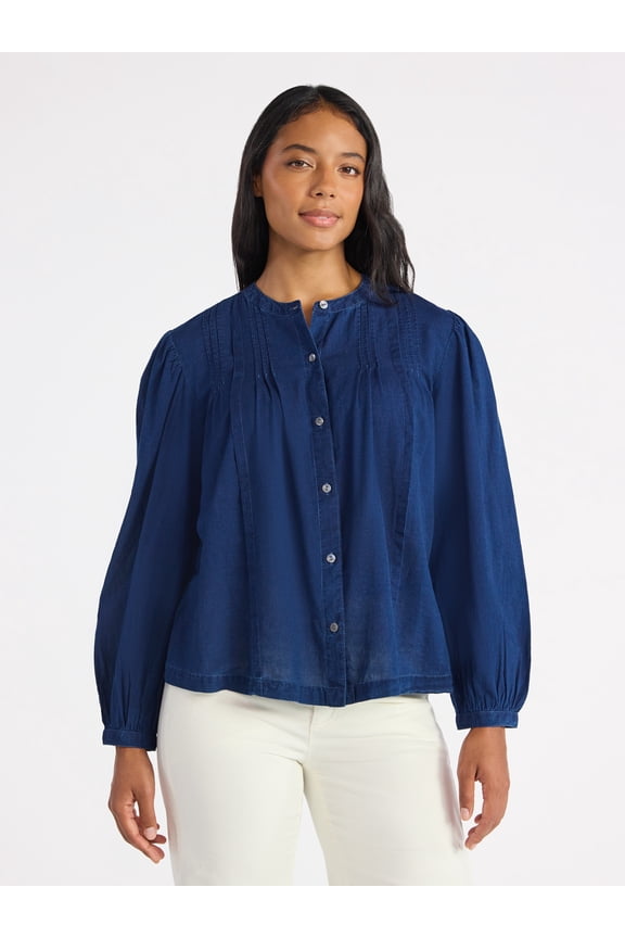 Women's Pintuck Blouse with Long Sleeves, Sizes XS-XXXL