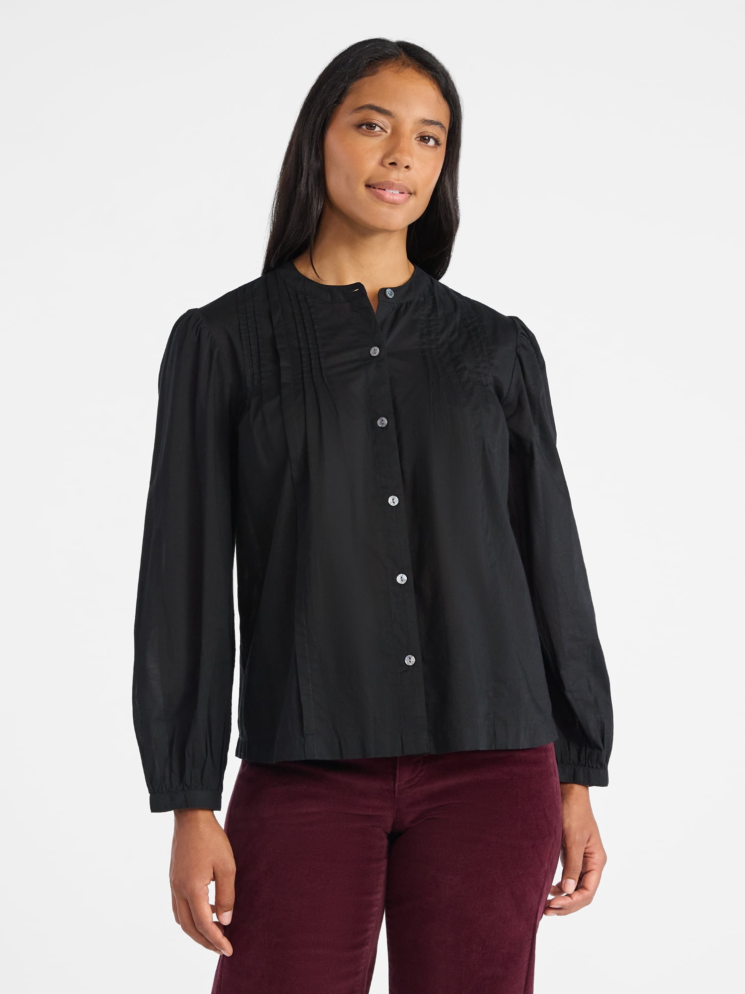 Time and Tru Women's Pintuck Blouse with Long Sleeves, Sizes XS-XXXL