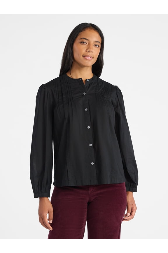 Women's Pintuck Blouse with Long Sleeves, Sizes XS-XXXL
