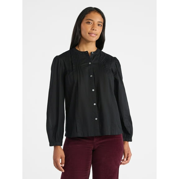 Time and Tru Women's Pintuck Blouse with Long Sleeves, Sizes XS-XXXL