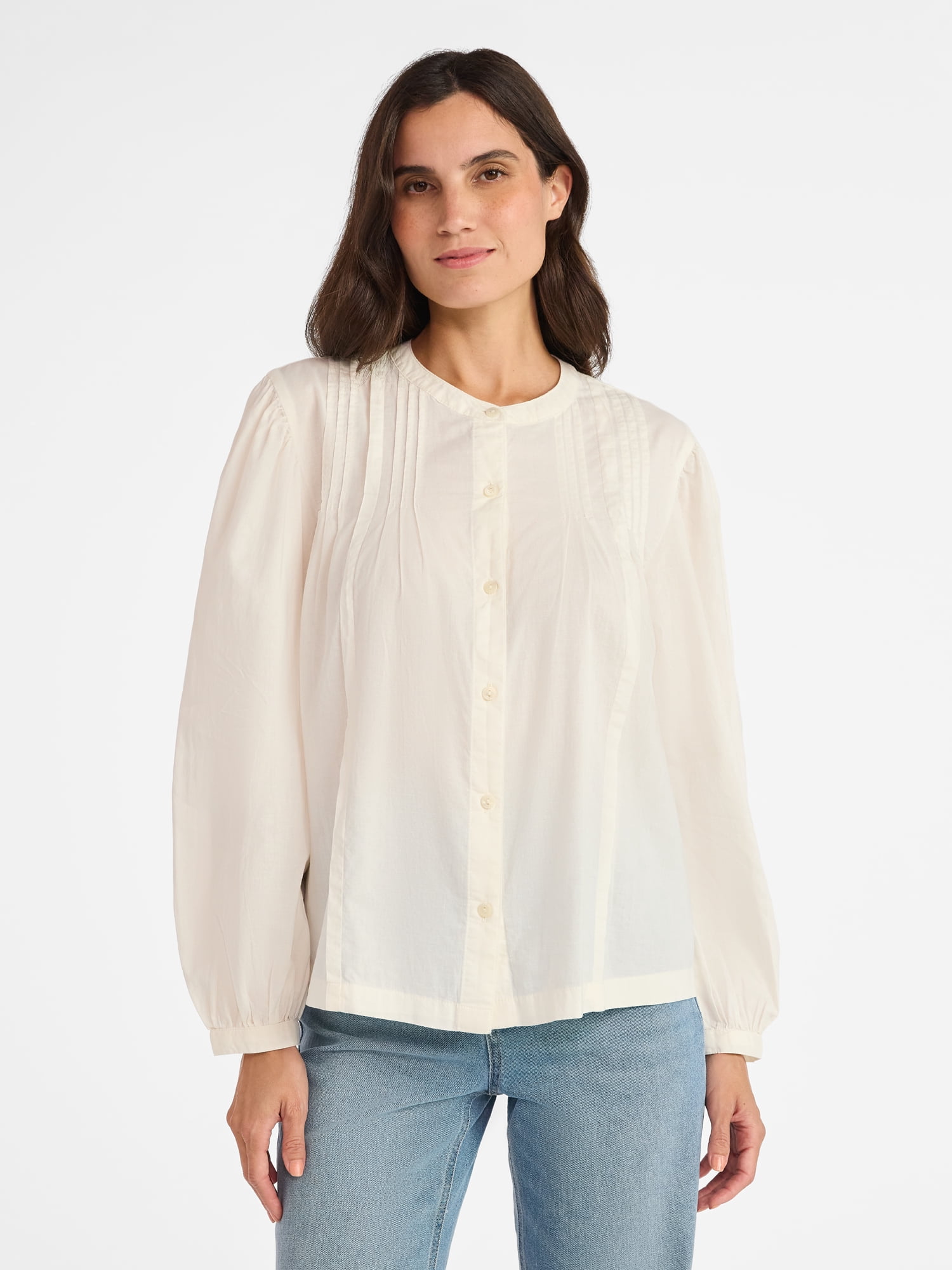 Time and Tru Women's Pintuck Blouse with Long Sleeves, Sizes XS-XXXL