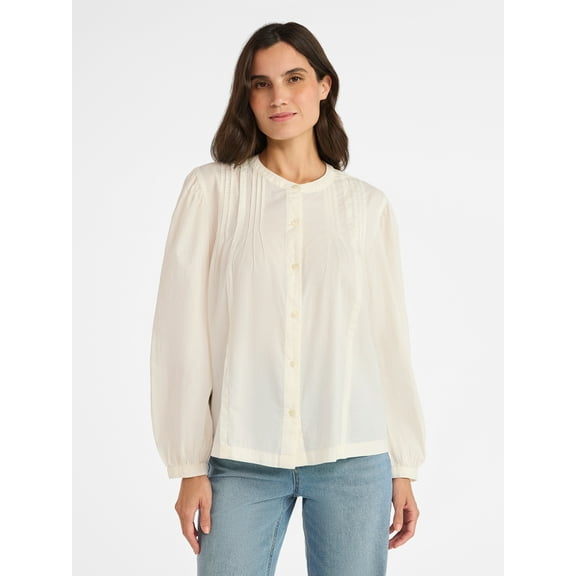 Time and Tru Women's Pintuck Blouse with Long Sleeves, Sizes XS-XXXL