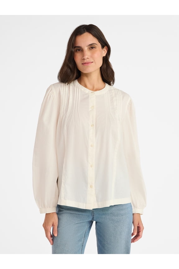 Women's Pintuck Blouse with Long Sleeves, Sizes XS-XXXL