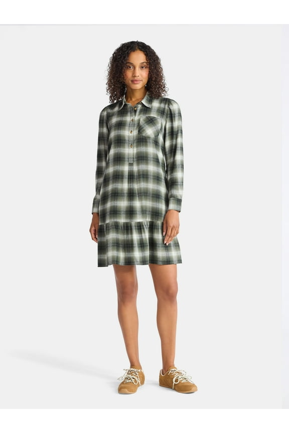 Women's Plaid Mini Dress with Long Sleeves, Sizes XS-XXXL