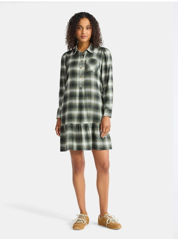 Women's Plaid Mini Dress with Long Sleeves, Sizes XS-XXXL