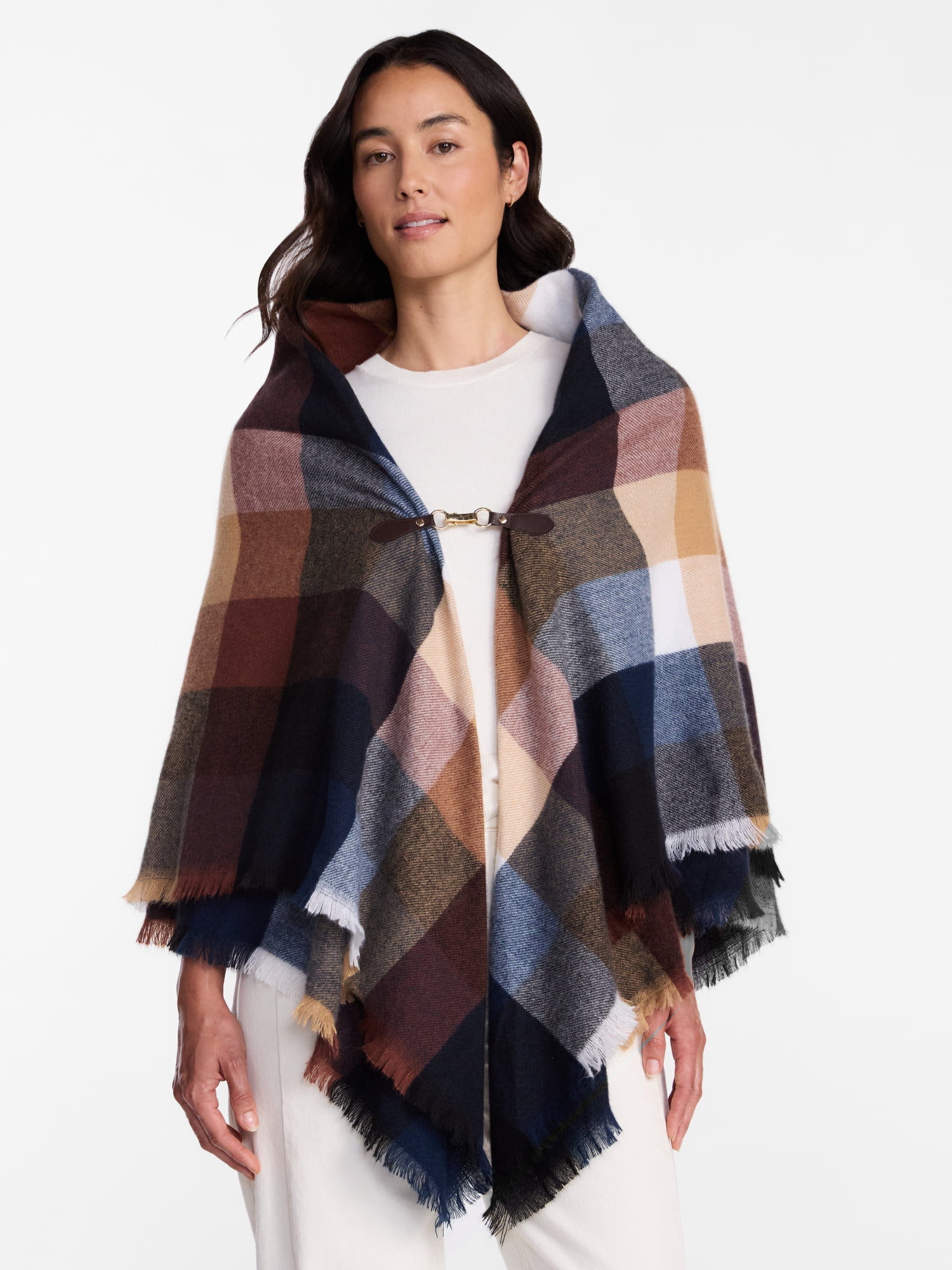 Time and Tru Women's Plaid Poncho with Clasp, Sizes S/M-L/XL