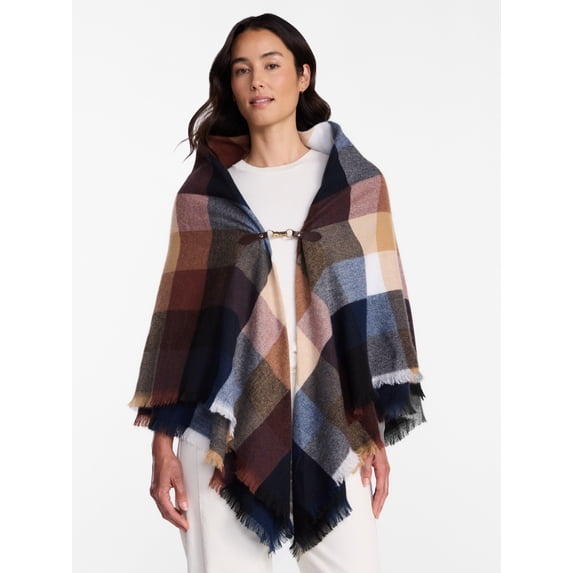 Time and Tru Women's Plaid Poncho with Clasp, Sizes S/M-L/XL
