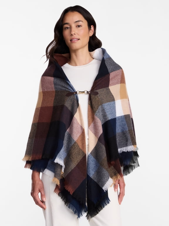 Women's Plaid Poncho with Clasp, Sizes S/M-L/XL