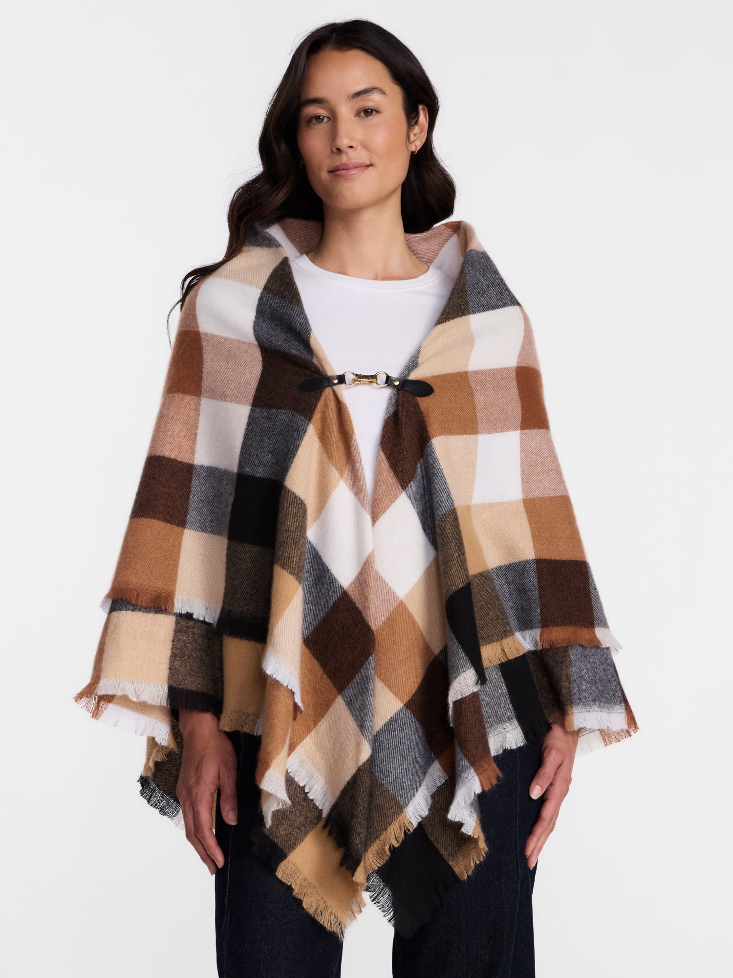 Time and Tru Women's Plaid Poncho with Clasp, Sizes S/M-L/XL
