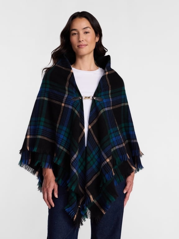 Women's Plaid Poncho with Clasp, Sizes S/M-L/XL